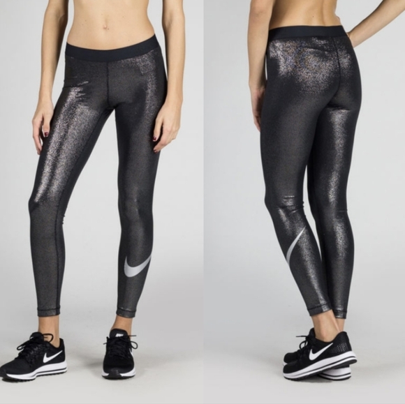 Nike Pants - NWT Nike Pro Training Shimmer Metallic Black Silver Leggings Size Small